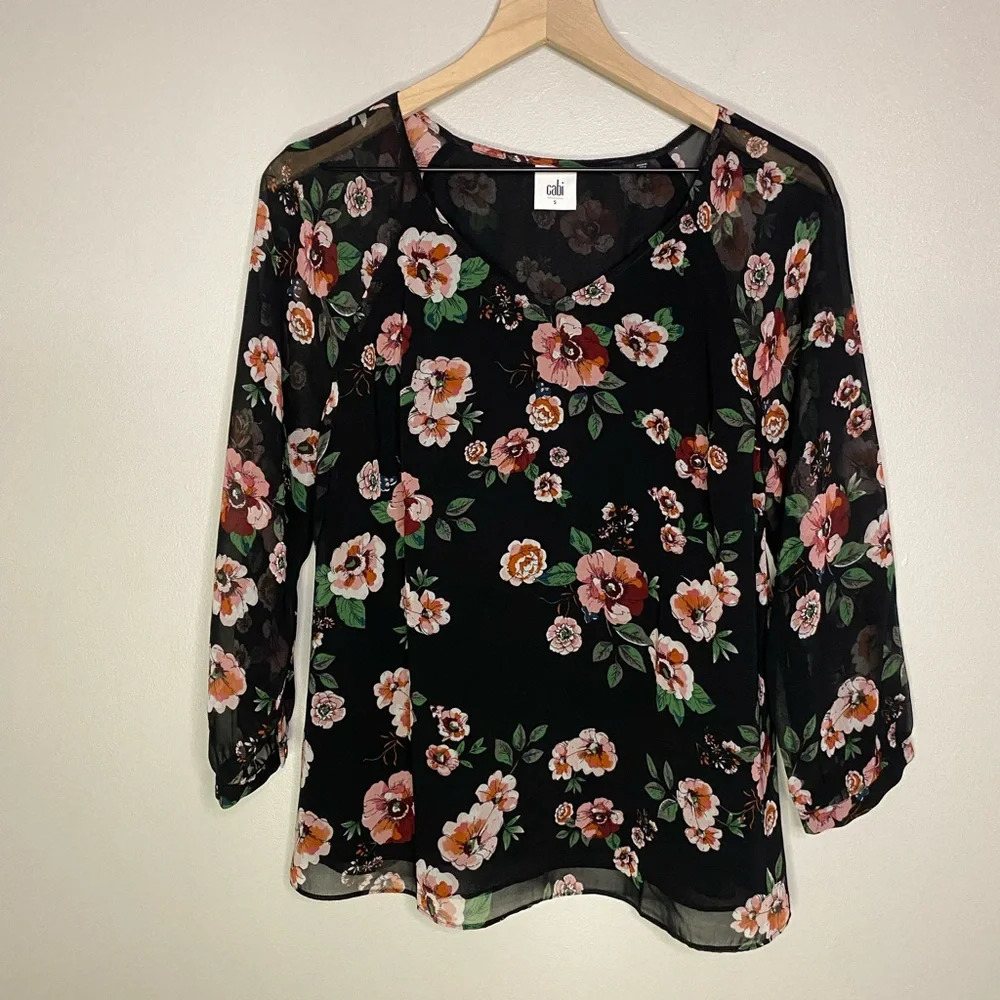 Cabi 3595 women SMALL Garden Blouse roses floral sheer feminine‎